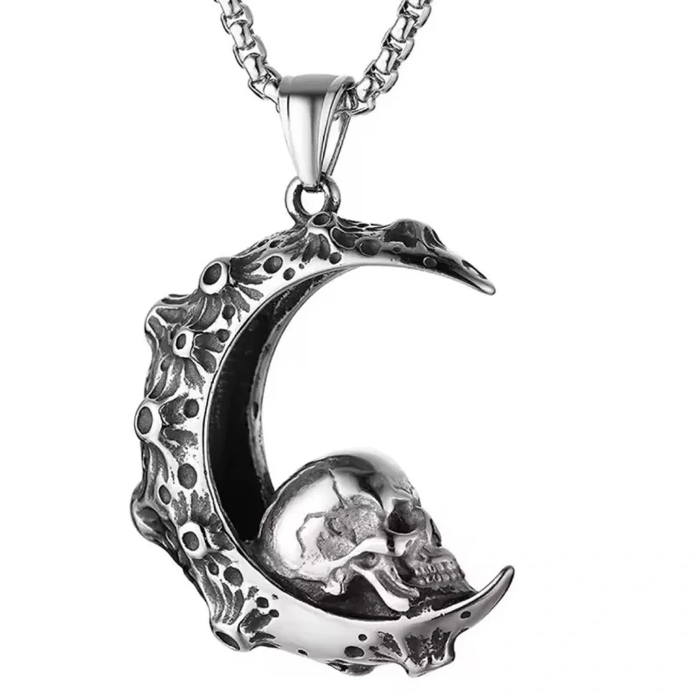 925 Sterling Silver Skull In Crescent Moon NO FADE Necklace Unisex Biker Goth
